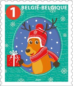 Stamp, Reindeer with Gift, Belgium,  , Christmas