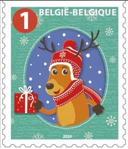 Stamp, Reindeer with Gift, Belgium,  , Christmas