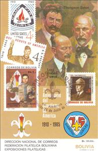 Souvenir Sheet, 75 years scouting in America, Bolivia,  , Famous People, Scouting, Seals (Emblems), Stamps
