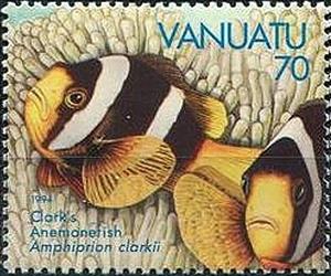 Stamp, Yellowtail Clownfish (Amphiprion clarkii), Vanuatu,  , Fishes