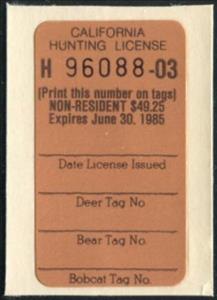 Stamp, Hunting License Validation - Non-Resident, California (CA),  , Hunting