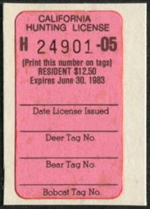 Stamp, Hunting License Validation - Resident, California (CA),  , Hunting