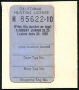 Stamp, Hunting License Validation - Resident Junior, California (CA),  , Hunting