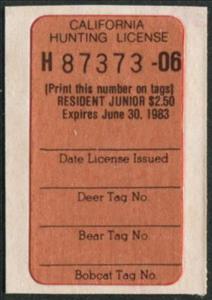 Stamp, Hunting License Validation - Resident Junior, California (CA),  , Hunting