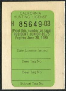 Stamp, Hunting License Validation - Resident Junior, California (CA),  , Hunting