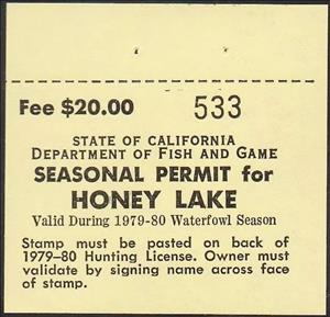 Stamp, Seasonal Permit for Honey Lake, California (CA),  , Hunting