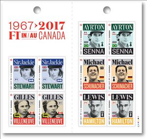 Booklet Pane, 50th anniv. of Formula 1 in Canada, booklet pane, Canada,  , Cars, Famous People, Formula One, Motor Racing, Racing Cars, Sports, Stadiums, Vehicles