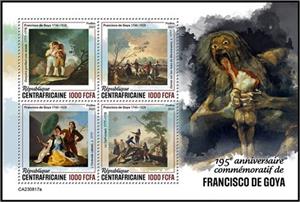 Mini Sheet, 195th Anniversary of the Death of Francisco de Goya, Central African Republic,  , Anniversaries and Jubilees, Painters, Paintings