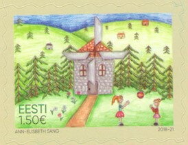 Stamp, House and Children Playing, Ann Elizabeth Sang, Estonia,  , Art, Children, Drawings, Paintings