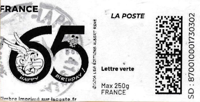Asterix Happy Birthday. 65 in large black numbers