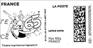 Stamp, Asterix holding 65 in black, France,  , Anniversaries and Jubilees, Cartoons, Comics