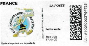 Stamp, Asterix with cake Bon Anniversaire. colour variant, red....., France,  , Anniversaries and Jubilees, Cartoons, Comics