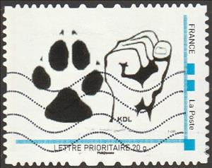 Stamp, Paw print and fist signed KDL, France,  , Animals (Fauna), Hands