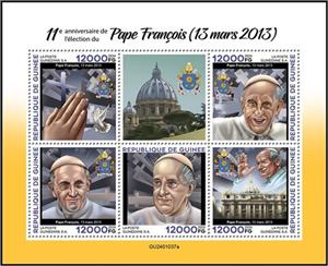 Mini Sheet, 11th Anniversary of the Election of Pope Francis, Guinea,  , Anniversaries and Jubilees, Popes