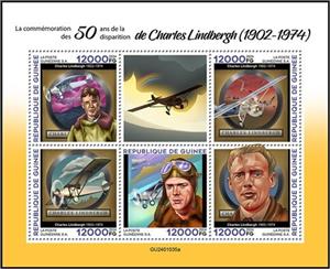 Mini Sheet, 50th Anniversary of the Death of Charles Lindbergh, Guinea,  , Anniversaries and Jubilees, Pilots
