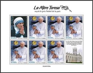 Mini Sheet, Mother Teresa Receives Nobel Peace Prize, Guinea,  , Famous People, Nobel Laureates, Popes, Saints