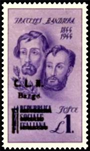 Stamp, Portrait of Brothers Attilio and Emilio Bandiera - Ovpt., Italy,  , Commemoration, Famous People, Freedom Fighters, Men