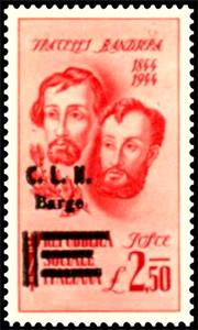 Stamp, POrtrait of Brothers Attilio and Emilio Bandiera - Ovpt., Italy,  , Commemoration, Famous People, Freedom Fighters, Men