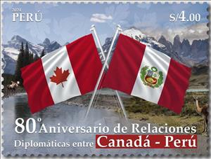 Stamp, Diplomatic Relations with Canada, 80 Years, Peru,  , Diplomacy, Flags