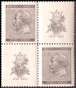 Stamp with Attached Label, Antonin Dvorak, Czech composer, Bohemia and Moravia,  