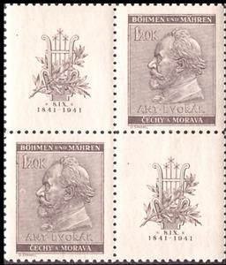 Stamp with Attached Label, Antonin Dvorak, Czech composer, Bohemia and Moravia,  