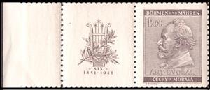 Stamp with Attached Label, Antonin Dvorak, Czech composer, Bohemia and Moravia,  