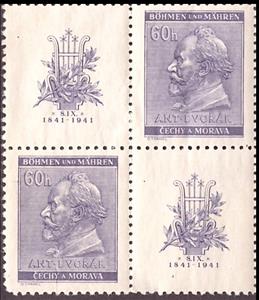 Stamp with Attached Label, Antonin Dvorak, Czech composer, Bohemia and Moravia,  