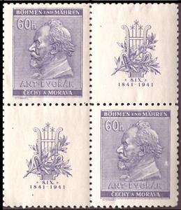 Stamp with Attached Label, Antonin Dvorak, Czech composer, Bohemia and Moravia,  