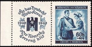 Stamp with Attached Label, Red Cross Nurse with Wounded, Bohemia and Moravia,  , Healthcare, Red Cross and Red Crescent
