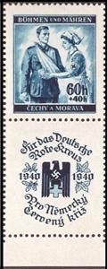 Stamp with Attached Label, Red Cross Nurse with Wounded, Bohemia and Moravia,  , Healthcare, Red Cross and Red Crescent