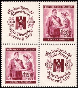 Stamp with Attached Label, Red Cross Nurse with Wounded, Bohemia and Moravia,  