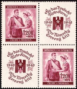 Stamp with Attached Label, Red Cross Nurse with Wounded, Bohemia and Moravia,  