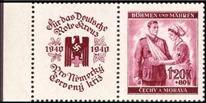 Stamp with Attached Label, Red Cross Nurse with Wounded, Bohemia and Moravia,  
