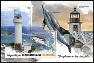Souvenir Sheet, Hirakubozaki Lighthouse (Japan) and Stenella coeruleoalba, Central African Republic,  , Dolphins, Lighthouses