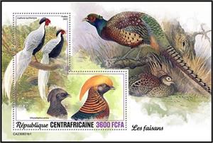 Souvenir Sheet, Lophura nycthemera and Chrysolophus pictus, Central African Republic,  , Animals (Fauna), Birds, Pheasants