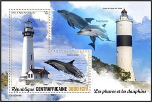 Souvenir Sheet, Pigeon Point Lighthouse (USA) and Delphinus delphis, Central African Republic,  , Dolphins, Lighthouses