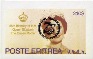 Souvenir Sheet, Queen Elizabeth 85th Birthday with Girl Guides Ovpt Black, Eritrea,  , Famous People, Queens, Royalty, Scouting, Special Occasions