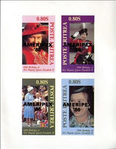 Mini Sheet, Queen Elizabeth II 60th Birthday Ovpt. AMERIPEX Black, Eritrea,  , Famous People, Philatelic Exhibitions, Queens, Royalty, Special Occasions