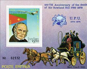 Souvenir Sheet, Sir Rowland Hill 100th Death Anniversary, Eritrea,  , Anniversaries and Jubilees, Famous People, Изобретатели, Reformers, Teachers