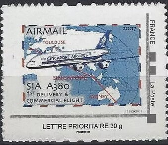 Stamp, 1st Delivery and Commercial Flight of A380 Singapore Airline, France,  , Aircraft, Airlines, Aviation