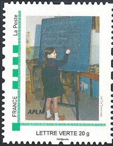 Stamp, Girl at the blackboard. APLM, France,  , Art, Children, Paintings, Schools