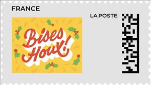 Stamp, Holly Kisses / Bises Houx. Yellow background, France,  , Christmas, Firework, Greetings