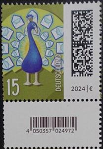 Stamp with Attached Label, Blue Peacock (Pavo Cristatus), Germany, Federal Republic,  , Birds, Letters (Mail), Peacocks