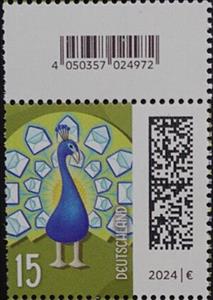 Stamp with Attached Label, Blue Peacock (Pavo Cristatus), Germany, Federal Republic,  , Birds, Letters (Mail), Peacocks