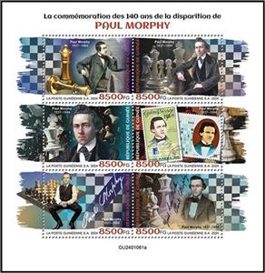Mini Sheet, 140th Anniversary of the Death of Paul Morphy, Guinea,  , Anniversaries and Jubilees, Chess