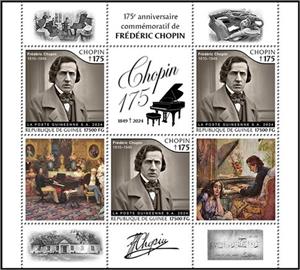 Mini Sheet, 175th Anniversary the Death of Frédéric Chopin, Guinea,  , Anniversaries and Jubilees, Composers, Music