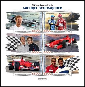 Mini Sheet, 55th Anniversary of the Birth of Michael Schumacher, Guinea,  , Anniversaries and Jubilees, Racing Drivers