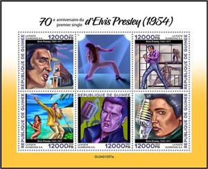Mini Sheet, 70th Anniversary of Elvis Presley's First Single, Guinea,  , Actors, Anniversaries and Jubilees, Elvis Presley, Entertainers, Famous People, Music, Singers