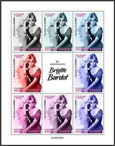 Mini Sheet, 90th Anniversary of the Birth of Brigitte Bardot, Guinea,  , Actors, Anniversaries and Jubilees, Famous People
