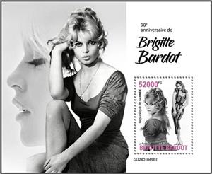Souvenir Sheet, 90th Anniversary of the Birth of Brigitte Bardot, Guinea,  , Actors, Anniversaries and Jubilees